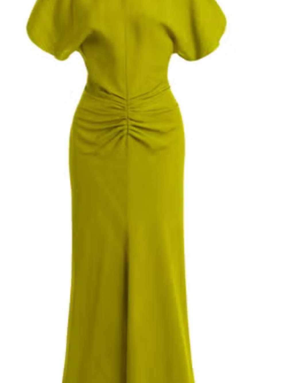 Victoria Beckham Chartreuse Ruched Maxi Dress with Flutter Sleeves